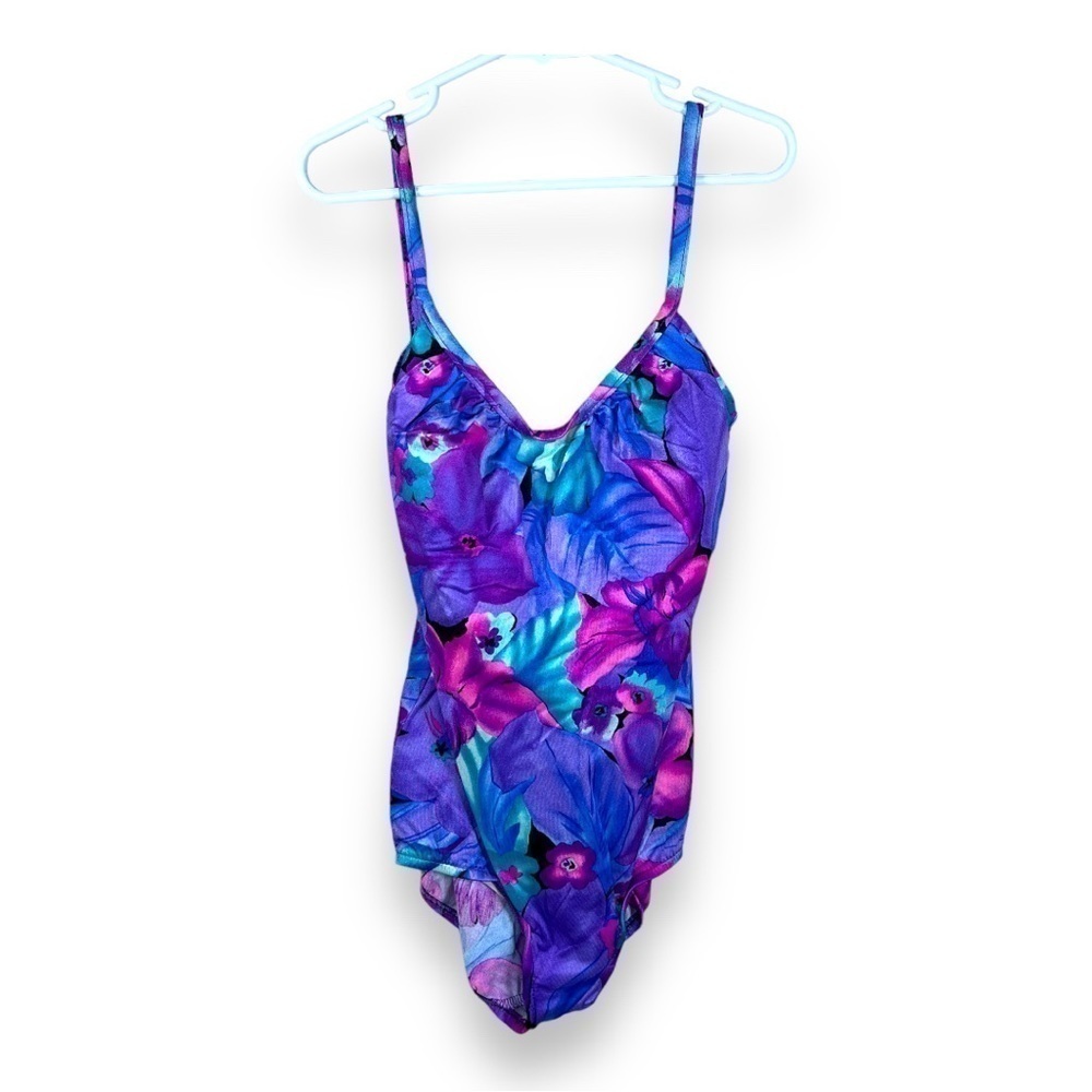 SMALL VINTAGE 80s JANTZEN BLUE FLORAL ONE PIECE SWIMSUIT COLORFUL CLASSIC